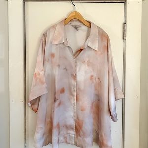 Oversized Short Sleeve Powdered Beige Patterned Satin Collared Button Down